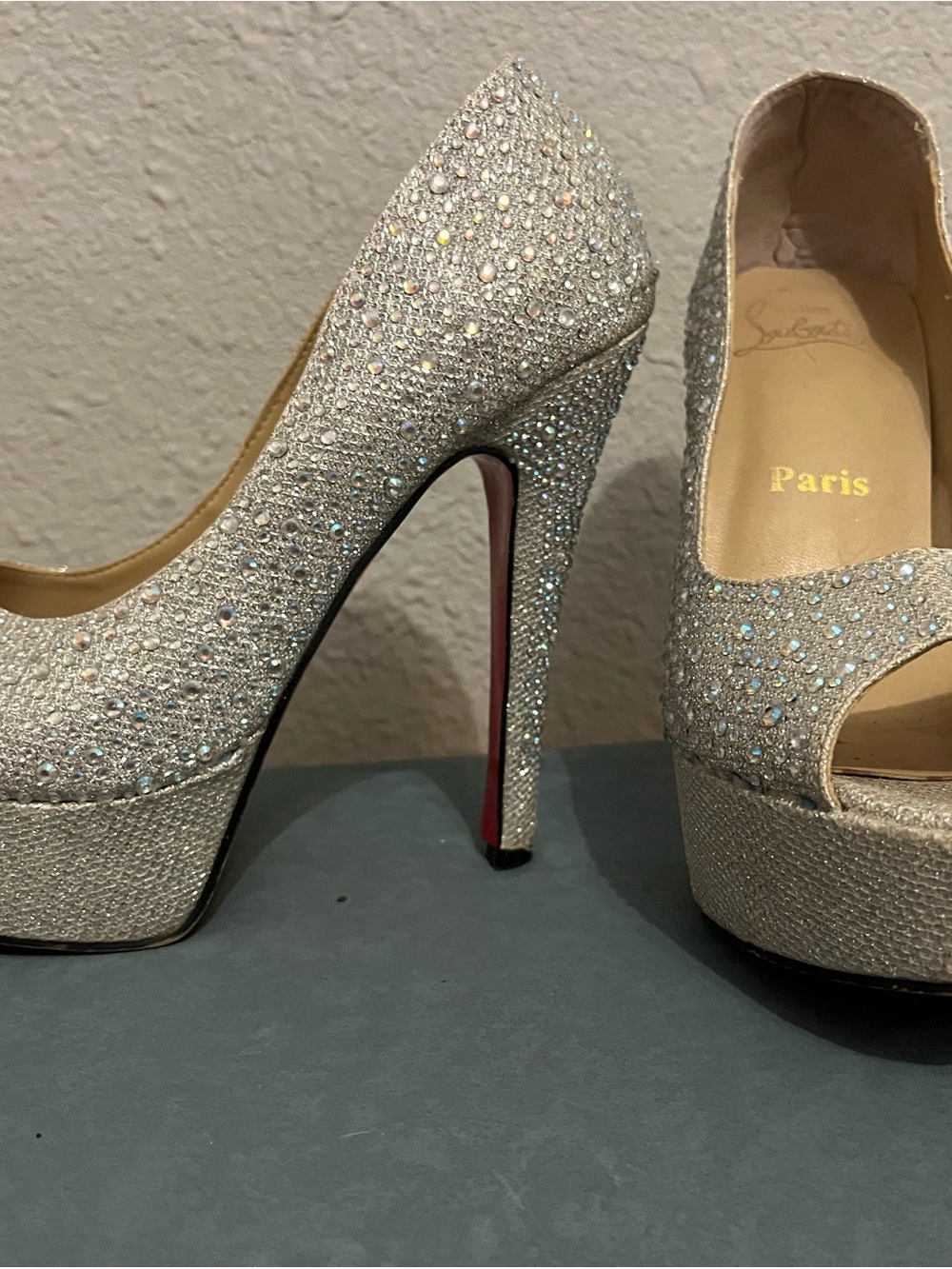 Christian Louboutin Crystal-Embellished Silver Platform Pumps